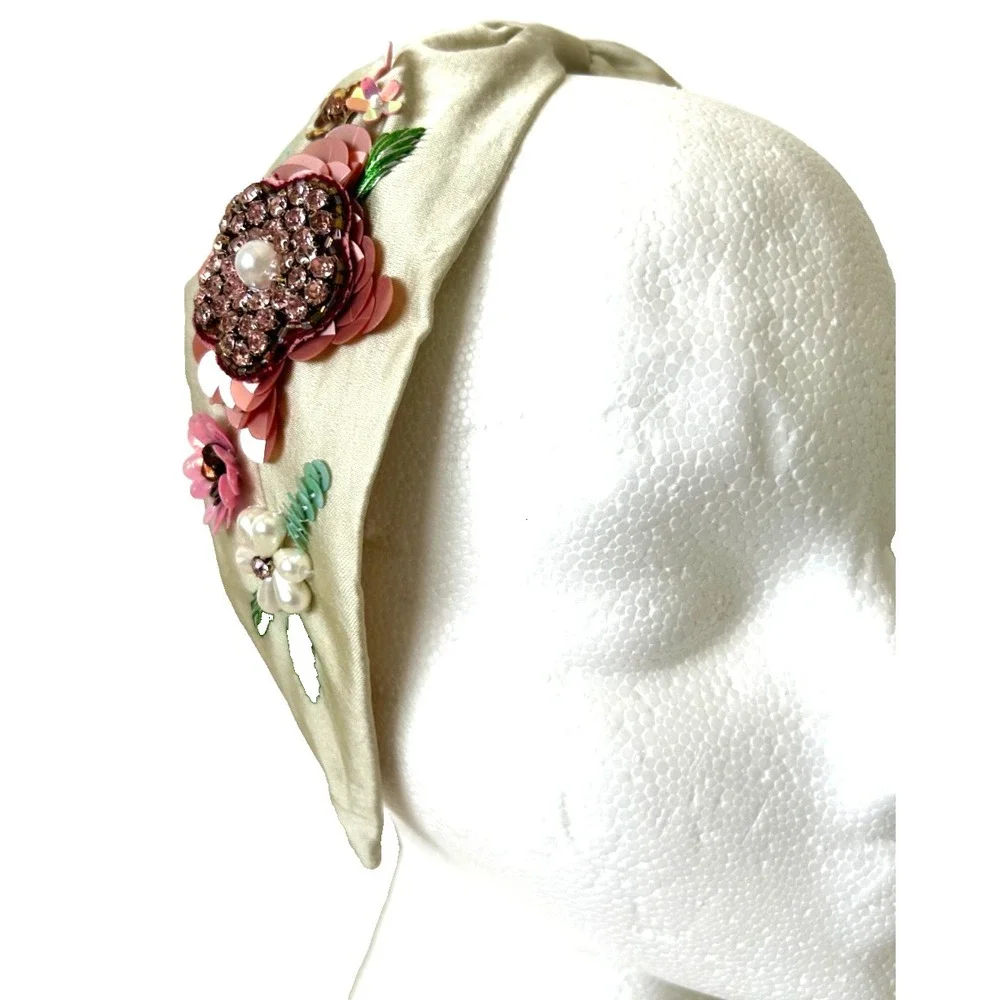 Powder Design Hand Embellished Floral Headband Sequin Bead Sage Pink Boho EUC